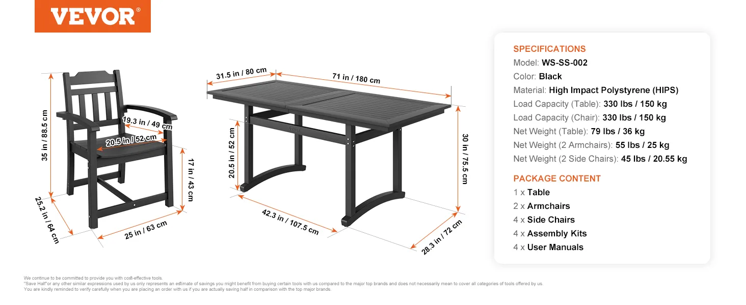 VEVOR patio dining set specifications showing dimensions, materials, and package content details.