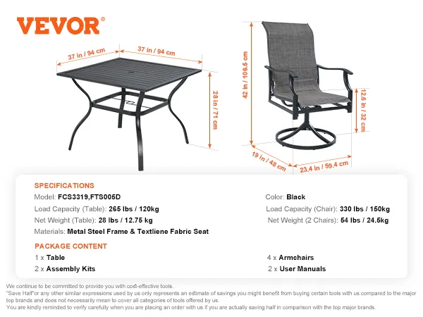 VEVOR patio dining set, including a black metal table and a swivel chair with textilene fabric seat.