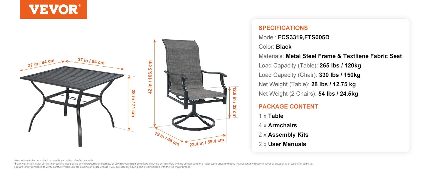 VEVOR patio dining set, including a black metal table and a swivel chair with textilene fabric seat.