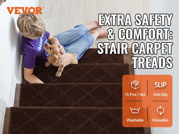child petting a dog on stairs with brown VEVOR stair treads for extra safety and comfort.