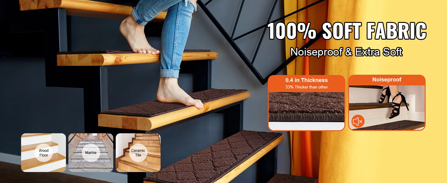 barefoot on VEVOR stair treads, soft and noiseproof, on wood stairs with 0.4-inch thick brown fabric.