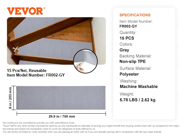 VEVOR stair treads: 15 pcs, reusable, non-slip gray polyester treads with machine washable backing.