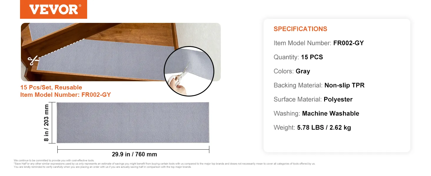 VEVOR stair treads: 15 pcs, reusable, non-slip gray polyester treads with machine washable backing.