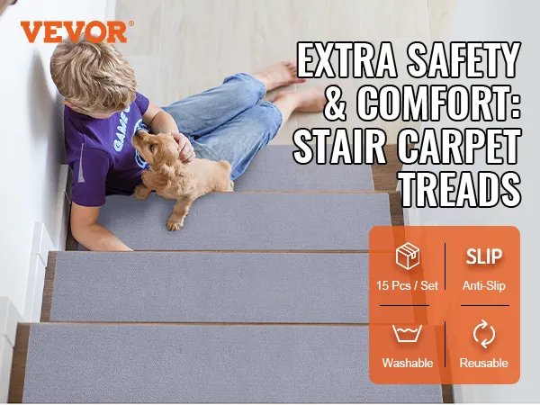VEVOR stair treads improve safety and comfort, featuring a child and dog on carpeted stairs.