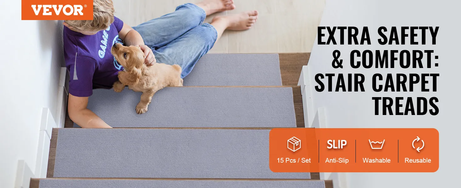 VEVOR stair treads improve safety and comfort, featuring a child and dog on carpeted stairs.