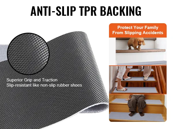 anti-slip tpr backing VEVOR stair treads ensure superior grip and safety for pets and children.