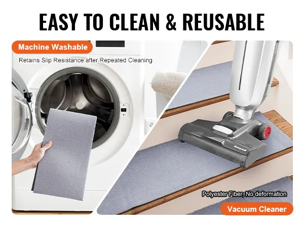 machine washable and vacuum cleanable VEVOR stair treads, easy to clean and reusable.