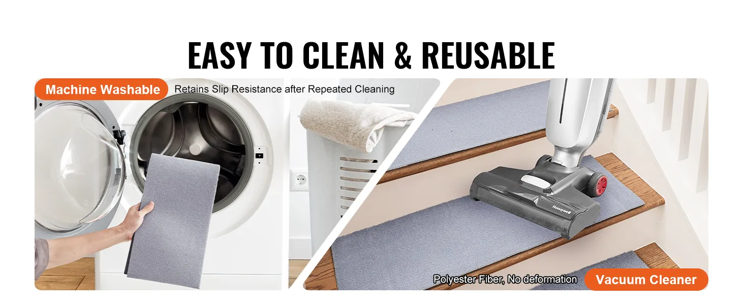 machine washable and vacuum cleanable VEVOR stair treads, easy to clean and reusable.