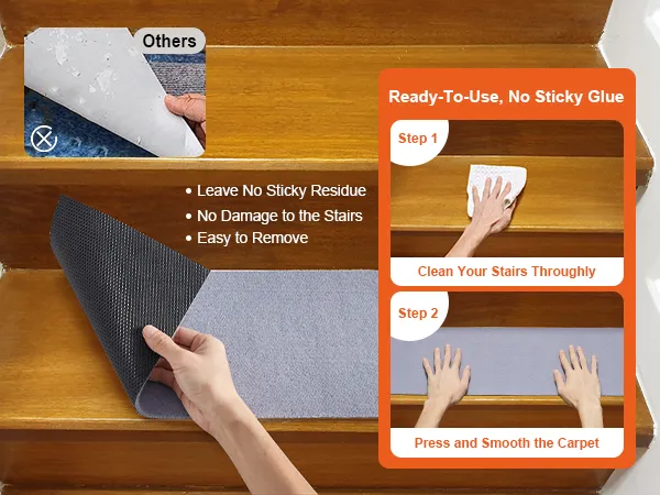 VEVOR stair treads: easy to install, no sticky residue, no stair damage, remove effortlessly.