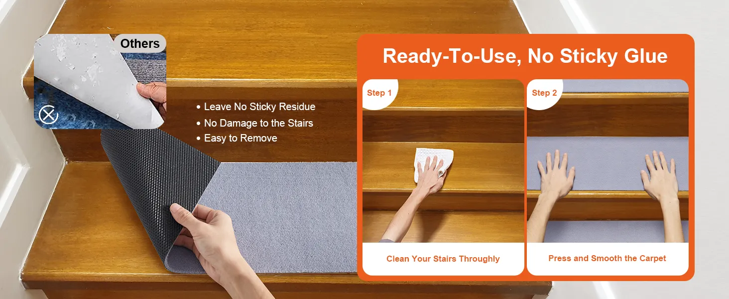 VEVOR stair treads: easy to install, no sticky residue, no stair damage, remove effortlessly.