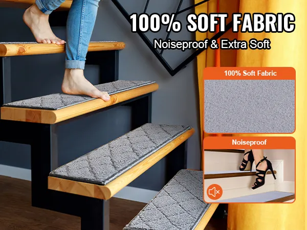 VEVOR stair treads on wood staircase with 100% soft fabric, noiseproof and extra soft features.