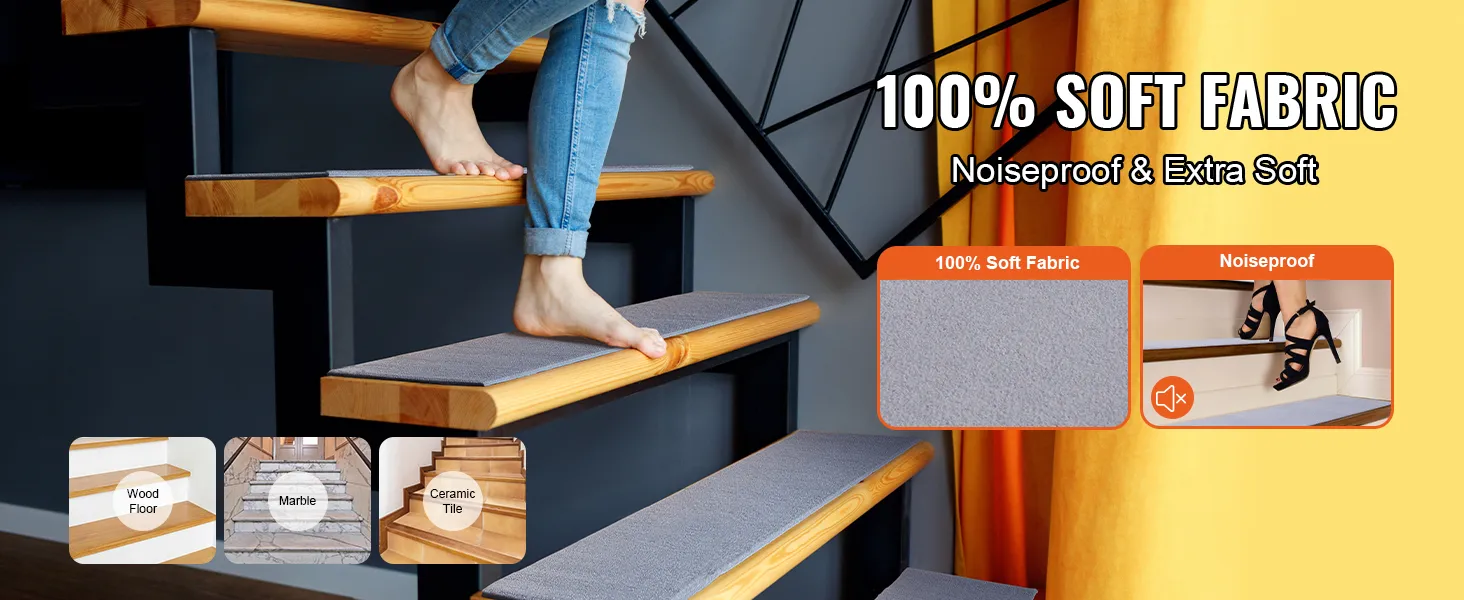 VEVOR stair treads on wood staircase with 100% soft fabric, noiseproof and extra soft features.
