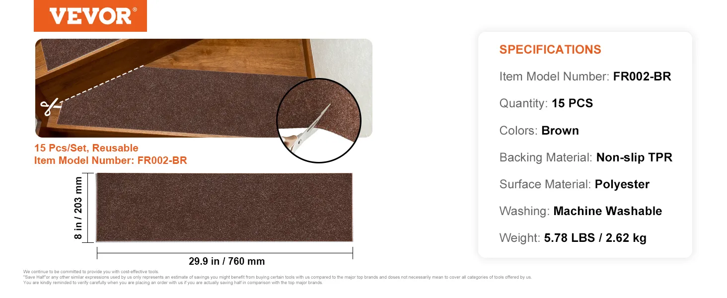 VEVOR - Juego de 15 peldaños para escaleras, color marrón, antideslizante, lavable a máquina, 29,9 x 8 pulgadas, modelo fr002-br.