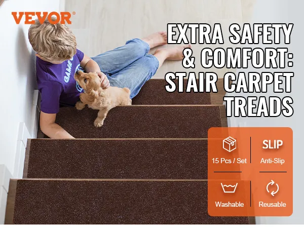 Niño y perro en escaleras con peldaños de escalera VEVOR que proporcionan mayor seguridad y comodidad; antideslizante, lavable, reutilizable.