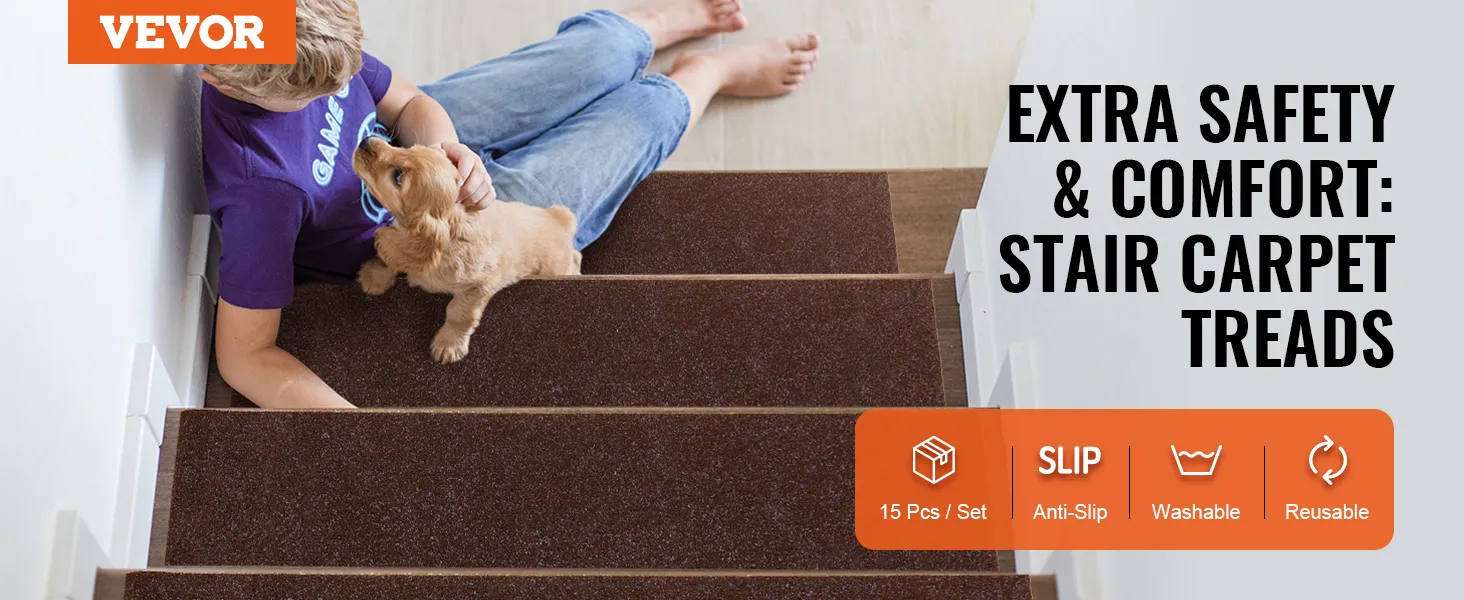 Niño y perro en escaleras con peldaños de escalera VEVOR que proporcionan mayor seguridad y comodidad; antideslizante, lavable, reutilizable.