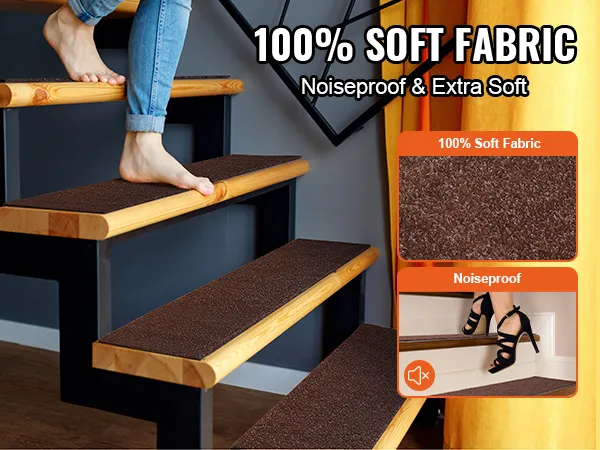 Persona descalza sobre escalones de escalera VEVOR, destacando el tejido 100% suave y las características insonorizantes.
