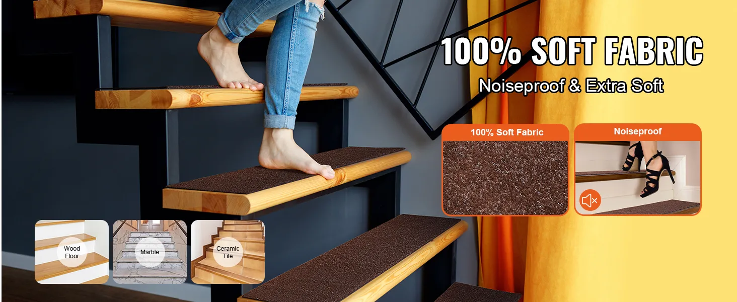 Persona descalza sobre escalones de escalera VEVOR, destacando el tejido 100% suave y las características insonorizantes.