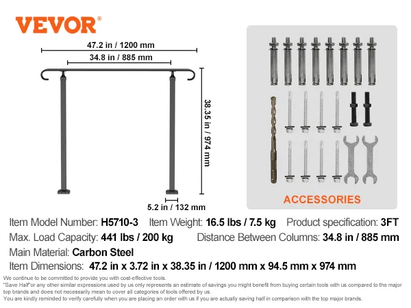 VEVOR outdoor handrails, 3ft carbon steel, 441 lbs max load, 38.35 in height, accessories included.