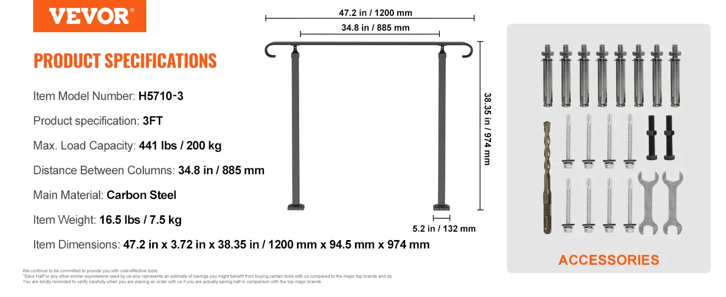 VEVOR outdoor handrails, 3ft carbon steel, 441 lbs max load, 38.35 in height, accessories included.