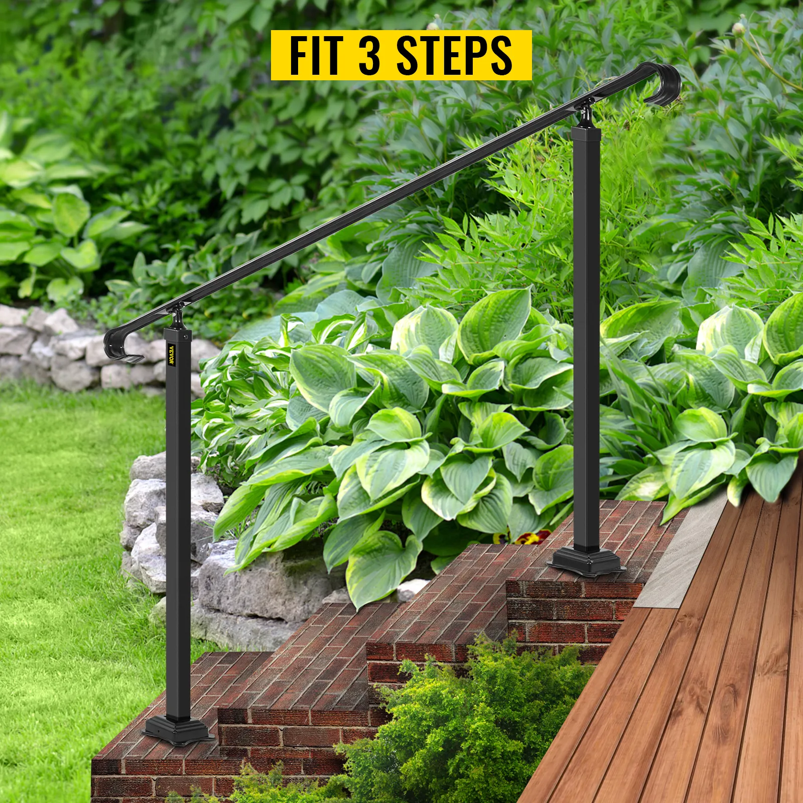 Pasamanos VEVOR para 3 escalones en exuberante jardín con escaleras de ladrillo y terraza de madera.