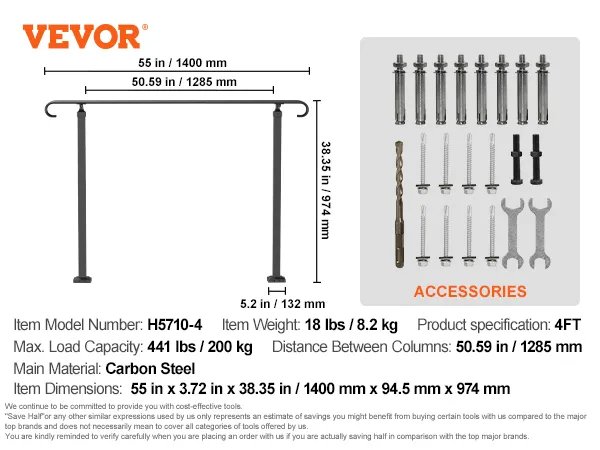 VEVOR handrails product specifications with dimensions and accessories.