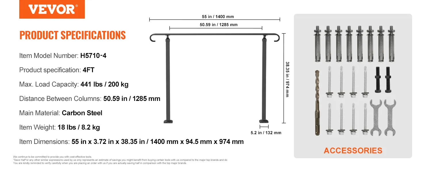 VEVOR handrails product specifications with dimensions and accessories.