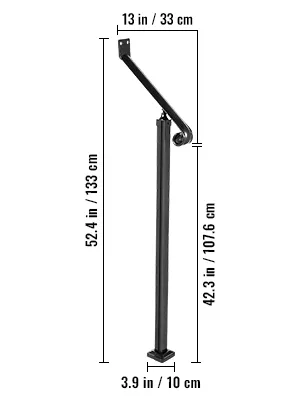 Pasamanos para exterior VEVOR, metal negro, dimensiones: 52,4 pulgadas x 3,9 pulgadas x 42,3 pulgadas.