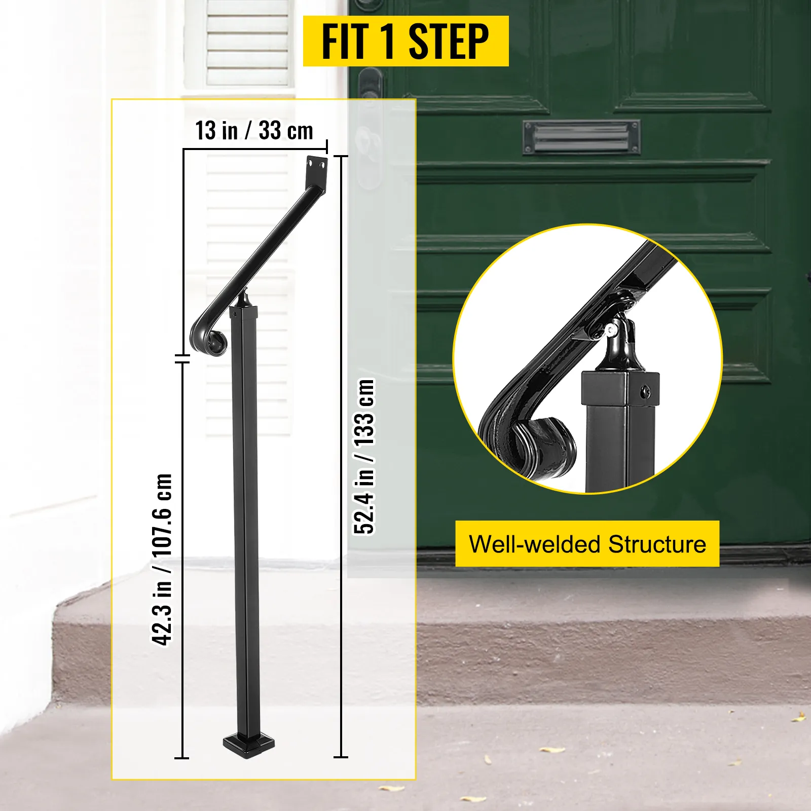Pasamanos de exterior VEVOR para un escalón, color negro con estructura bien soldada y medidas indicadas.