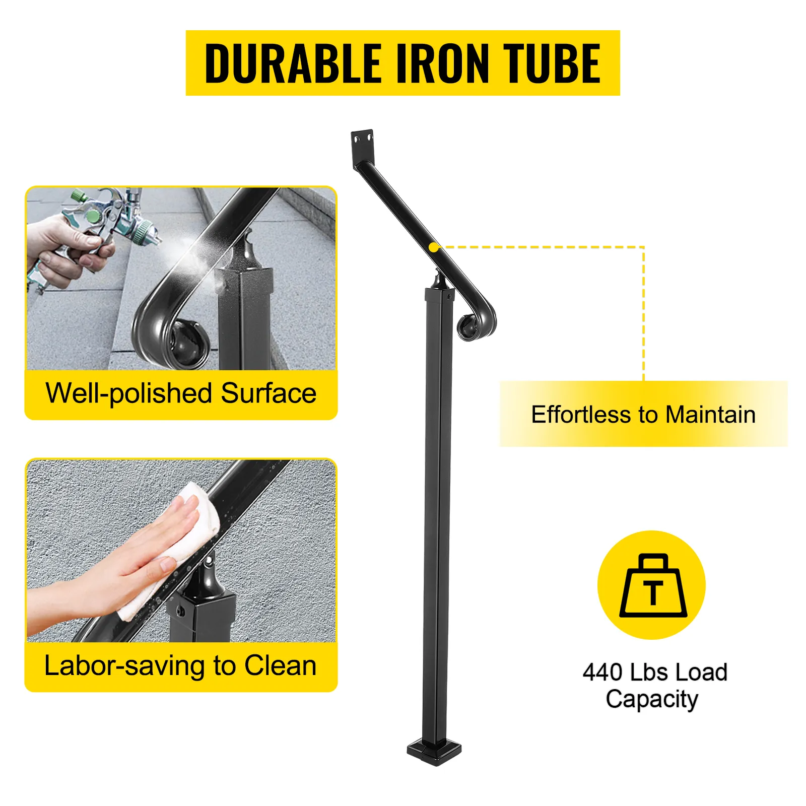 Pasamanos para exterior VEVOR con tubo de hierro duradero, superficie bien pulida y capacidad de carga de 440 libras.