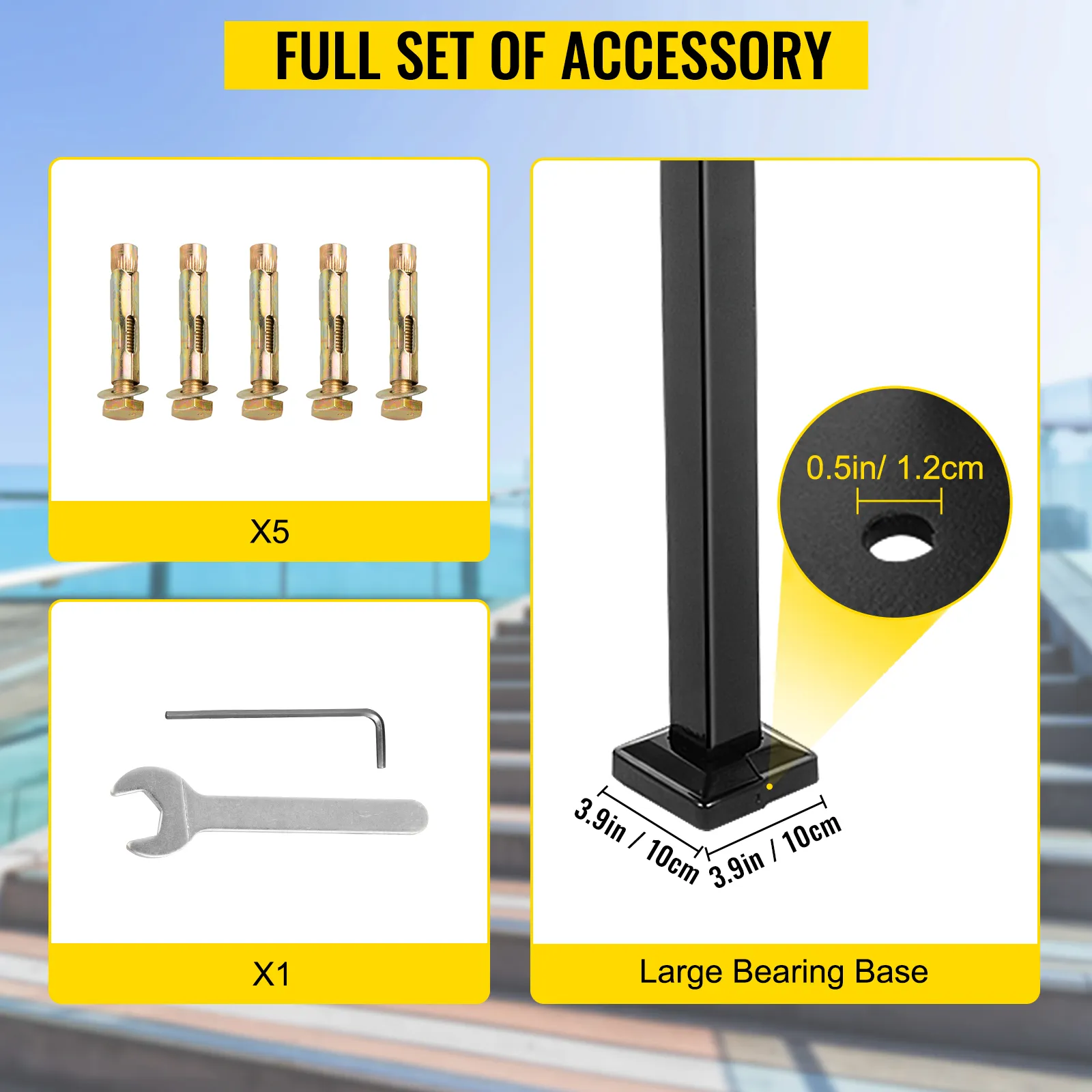 Accesorios de instalación de pasamanos para exteriores VEVOR que incluyen pernos, llave y base de cojinete.