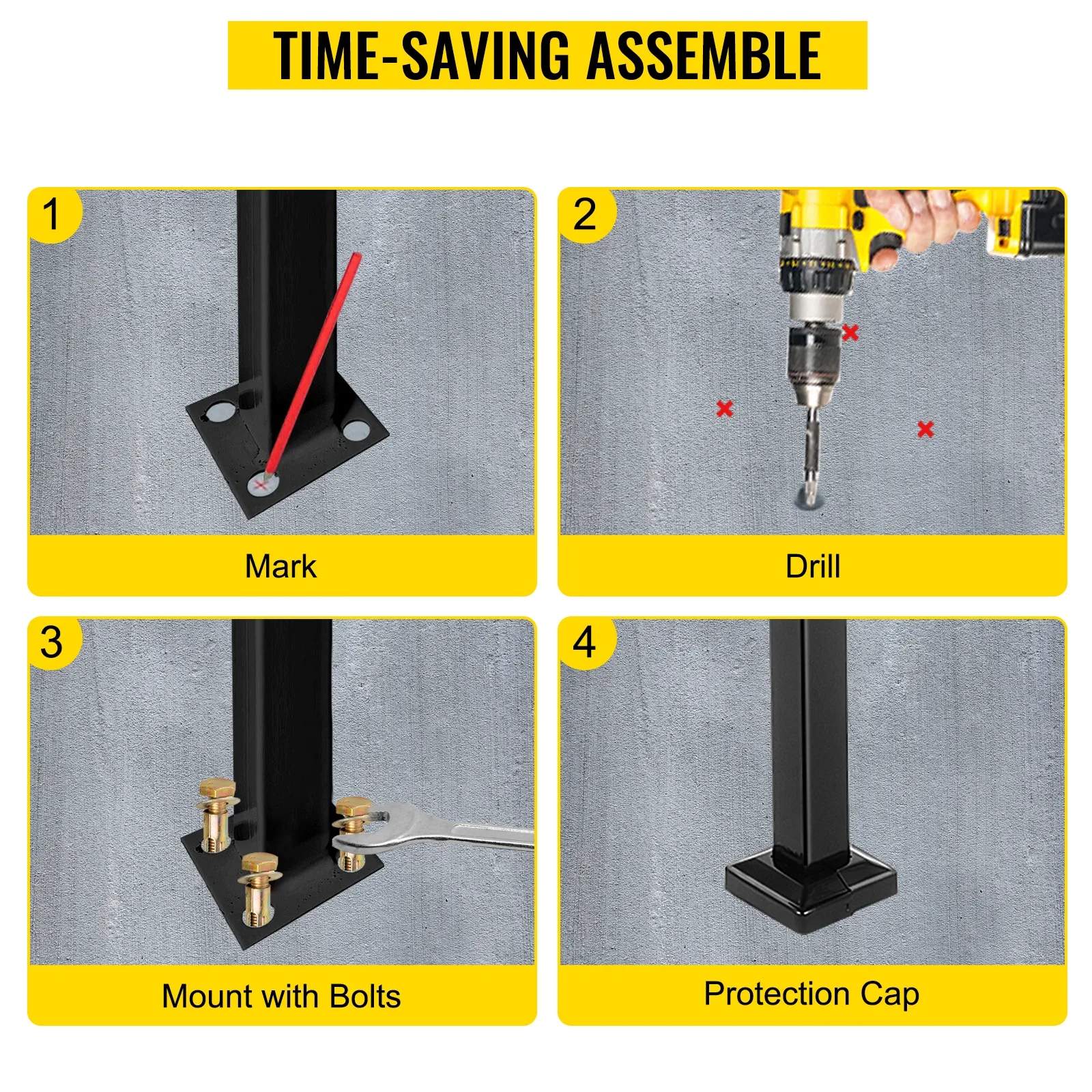 Instalación de pasamanos para exterior VEVOR: marcar, taladrar, montar con pernos, tapa protectora.