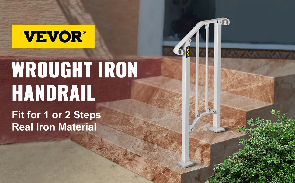 VEVOR outdoor handrail in white iron on red marble steps by green plant.