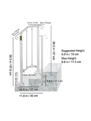 VEVOR outdoor handrail with dimensions for steps and height measurements.