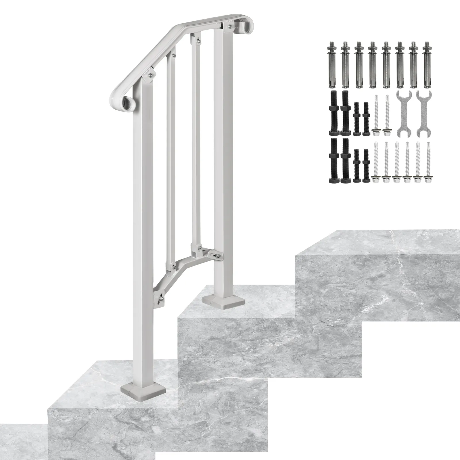 VEVOR outdoor handrail on marble steps with installation hardware.