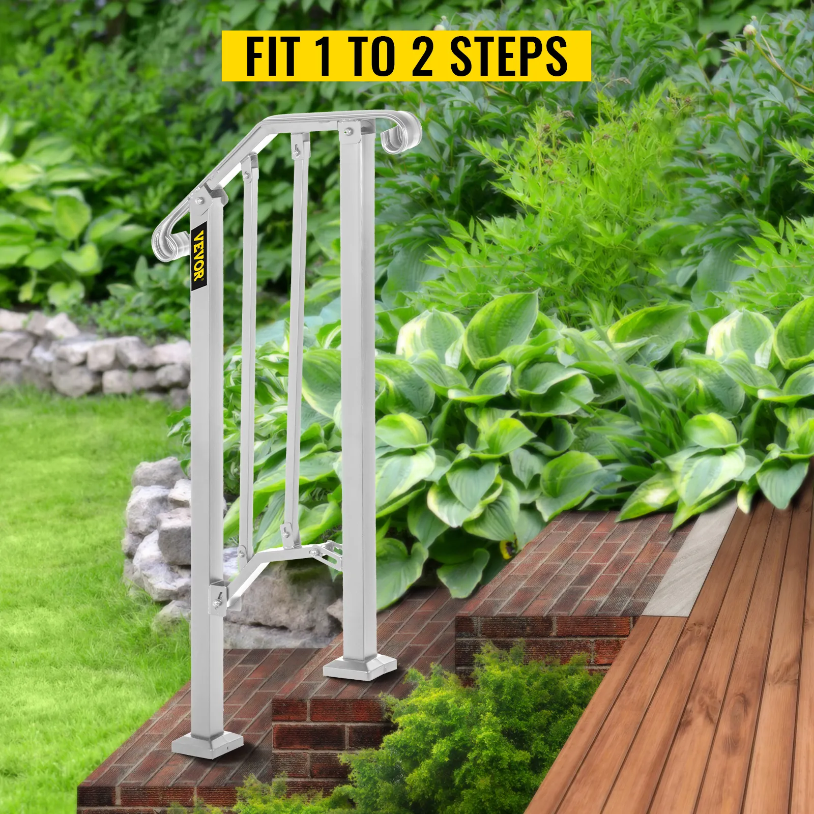 VEVOR outdoor handrail on brick steps with lush green plants in the background.