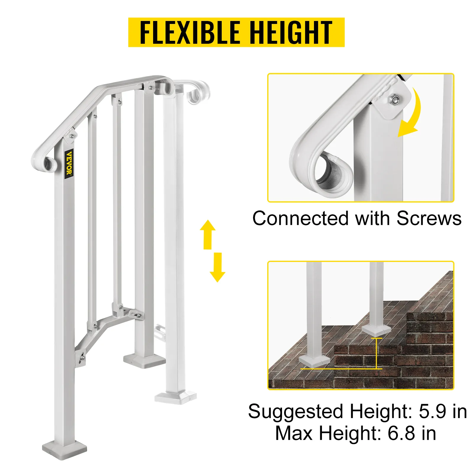 VEVOR outdoor handrail with adjustable height, screw connections, and stair installation.