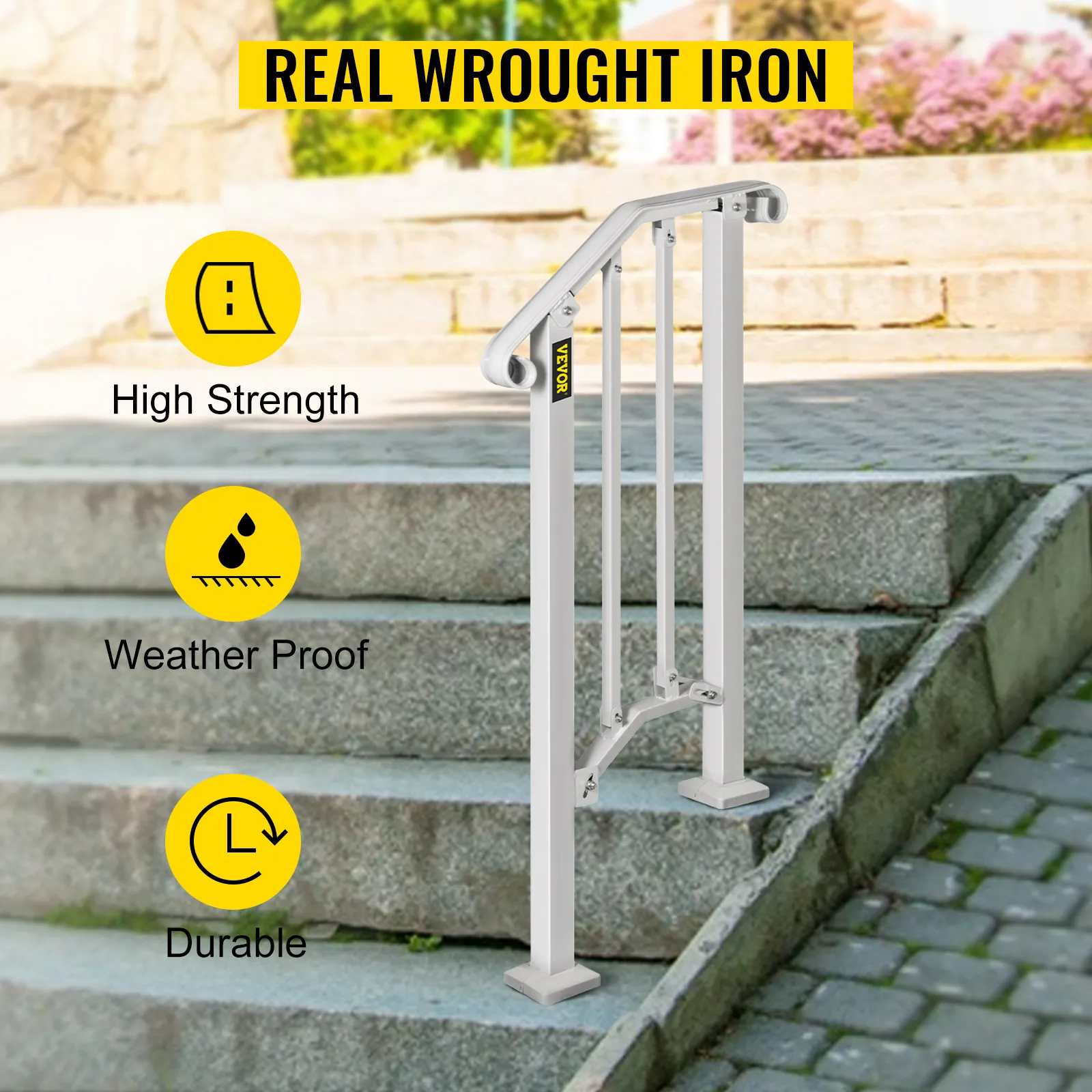 VEVOR outdoor handrail on stone steps, highlighting high strength and weatherproof durability.