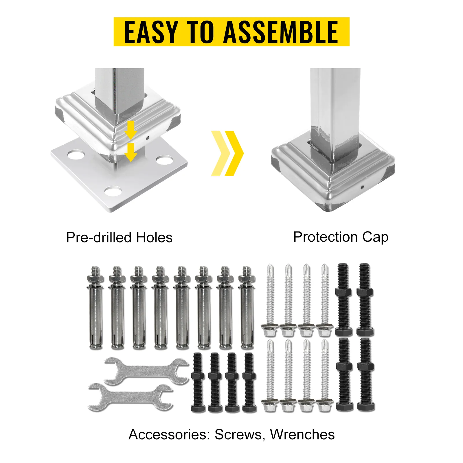 VEVOR outdoor handrail assembly with screws, wrenches, pre-drilled holes, and protection cap.