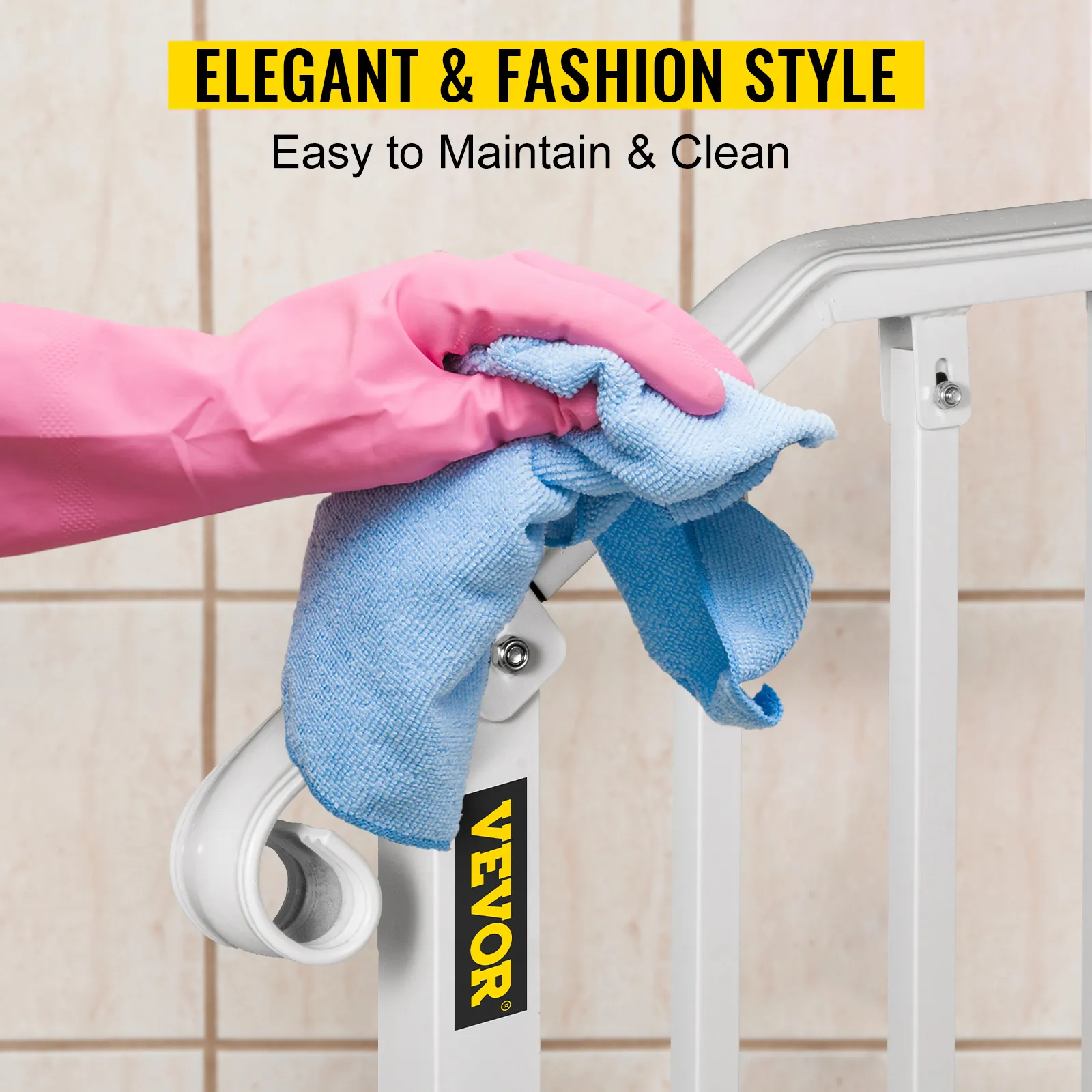 pink-gloved hand cleaning VEVOR outdoor handrail with blue cloth. "elegant & fashion style."