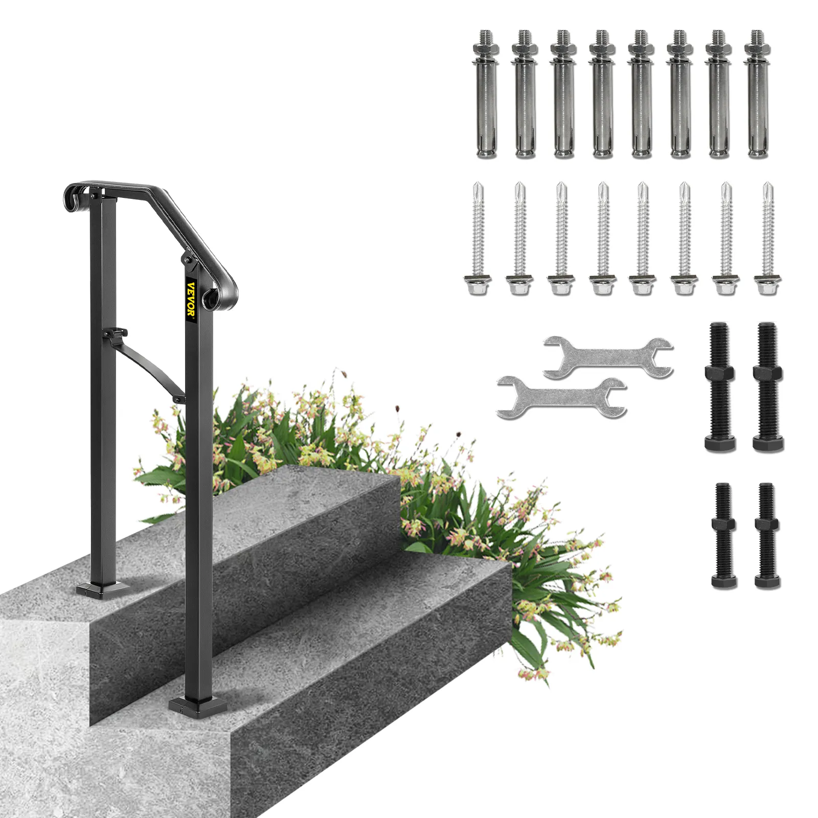 Juego de pasamanos VEVOR con herrajes para instalación en escalones de hormigón cerca de plantas en flor.