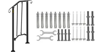 VEVOR outdoor handrails with installation hardware and tools.