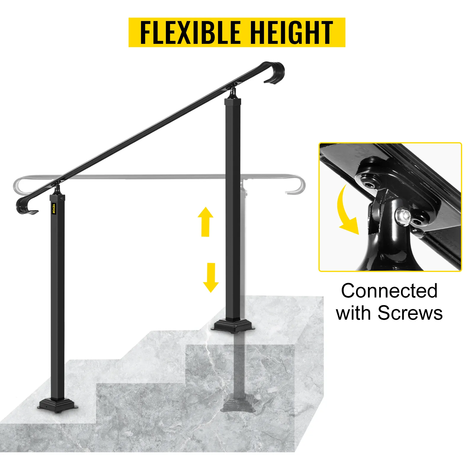 Poręcze zewnętrzne VEVOR na schodach z regulowaną wysokością i połączeniem śrubowym.