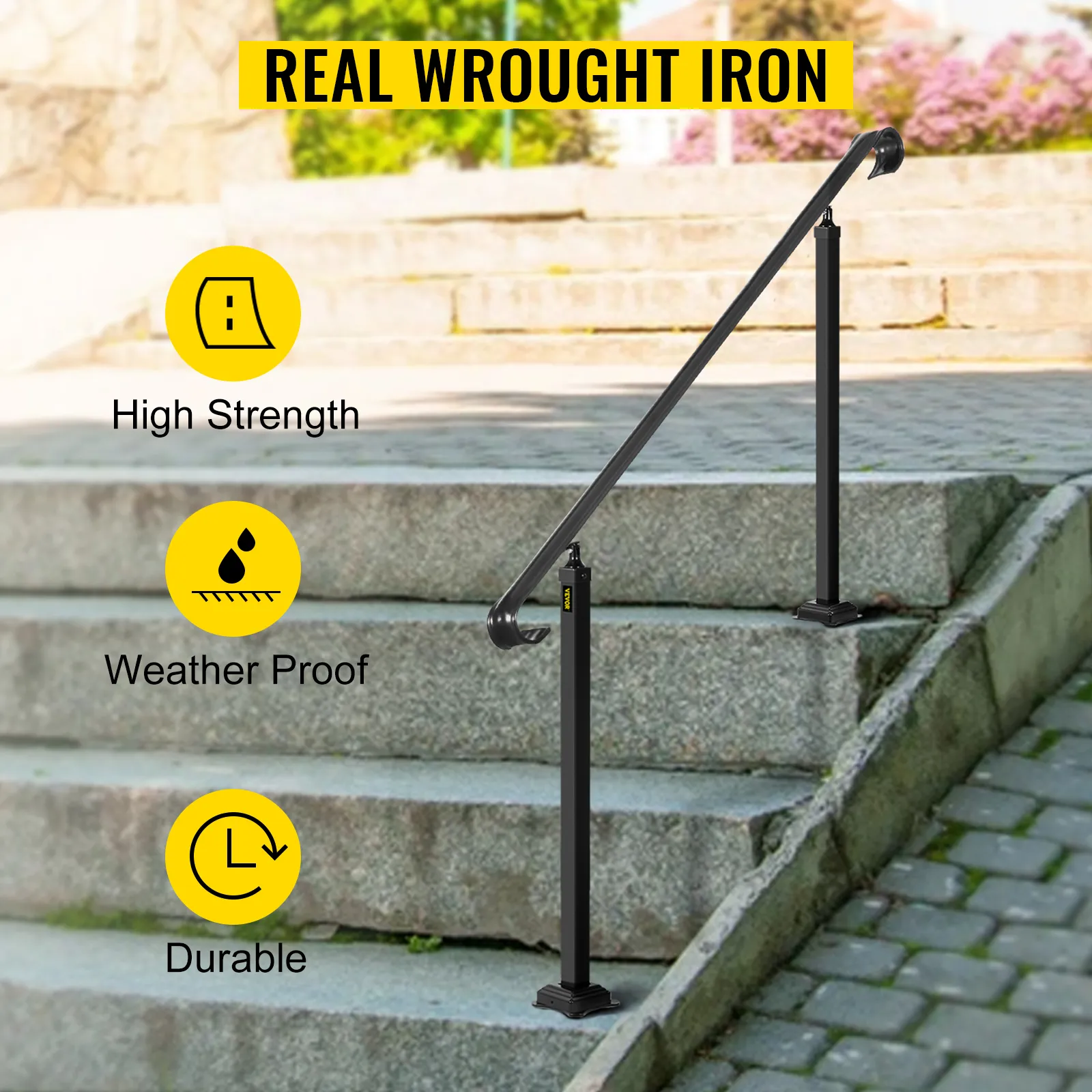 Poręcze zewnętrzne VEVOR na kamiennych schodach, podkreślające wytrzymałość, odporność na warunki atmosferyczne i trwałość.