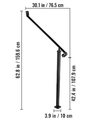 black VEVOR handrails with measurements for height, length, and base width included.