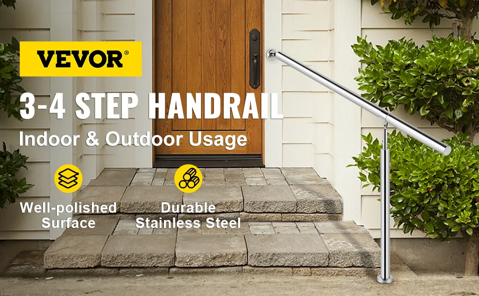 VEVOR stainless steel step handrail for 3-4 steps, indoor and outdoor usage.