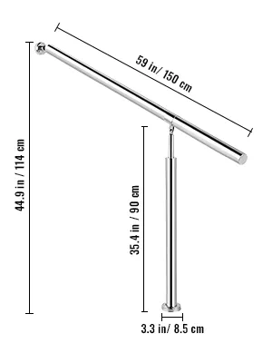 VEVOR stainless steel step handrail, 59 in length, with detailed dimensions.