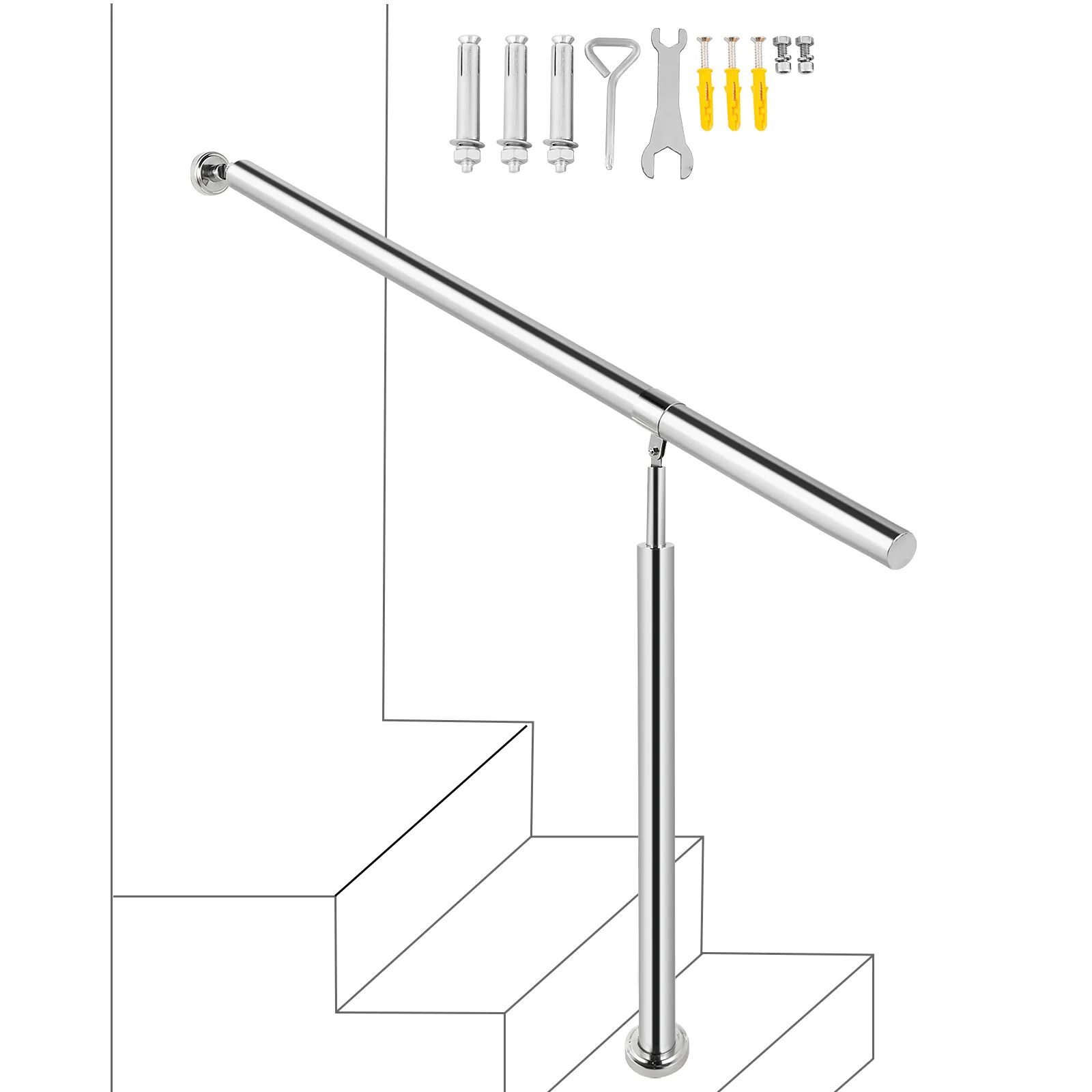 VEVOR stainless steel step handrail with installation tools for stairs.