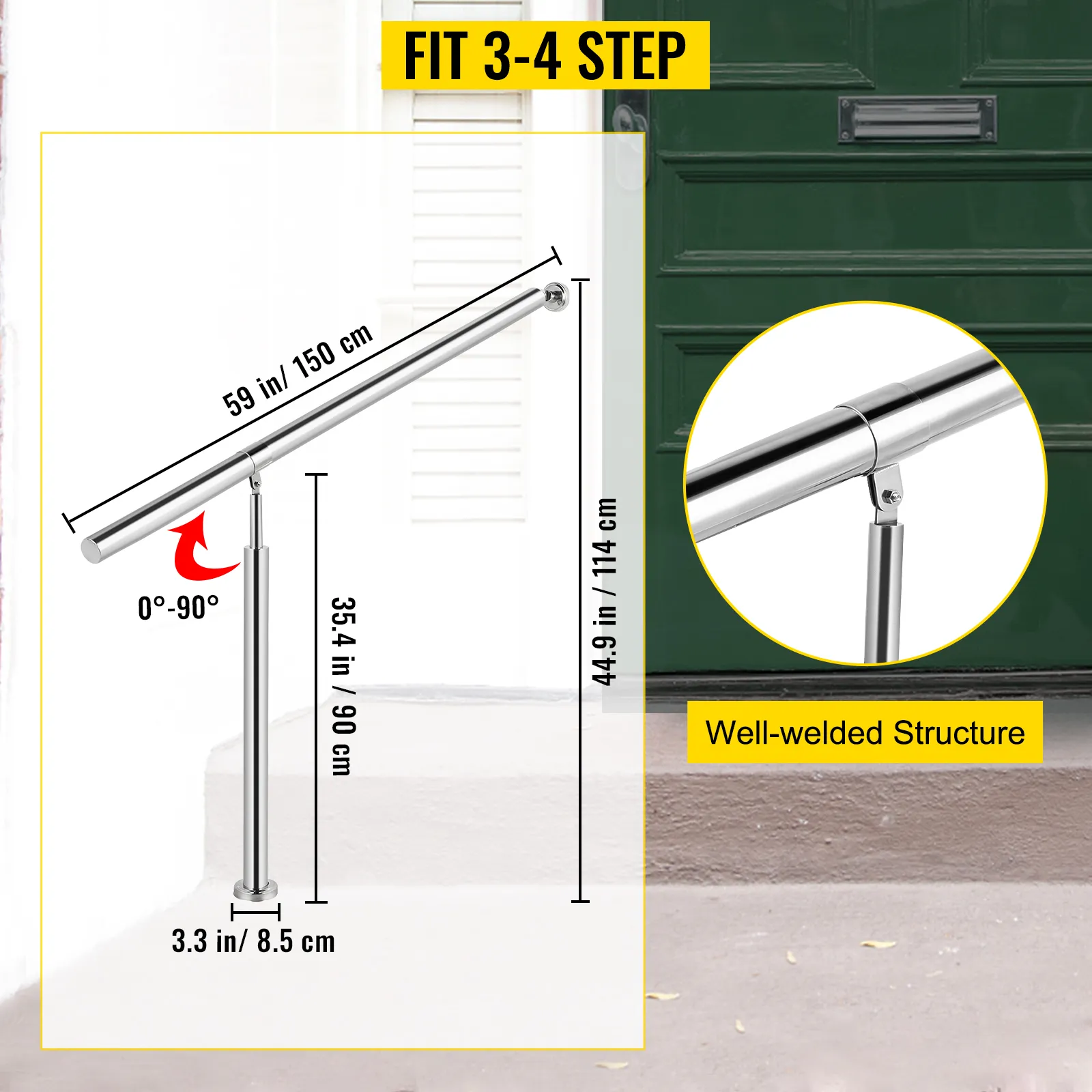 VEVOR stainless steel step handrail with adjustable height for 3-4 steps, well-welded.