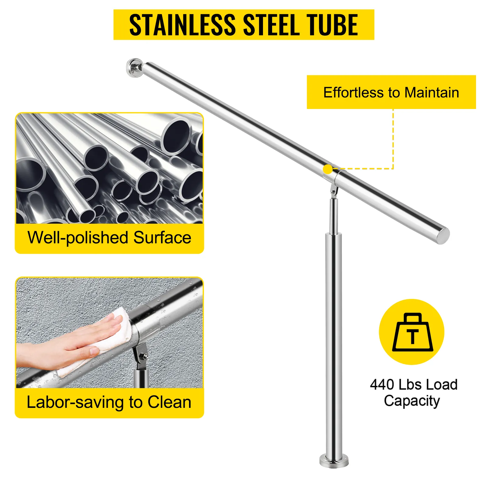 VEVOR stainless steel step handrail with well-polished surface, 440 lbs load capacity.