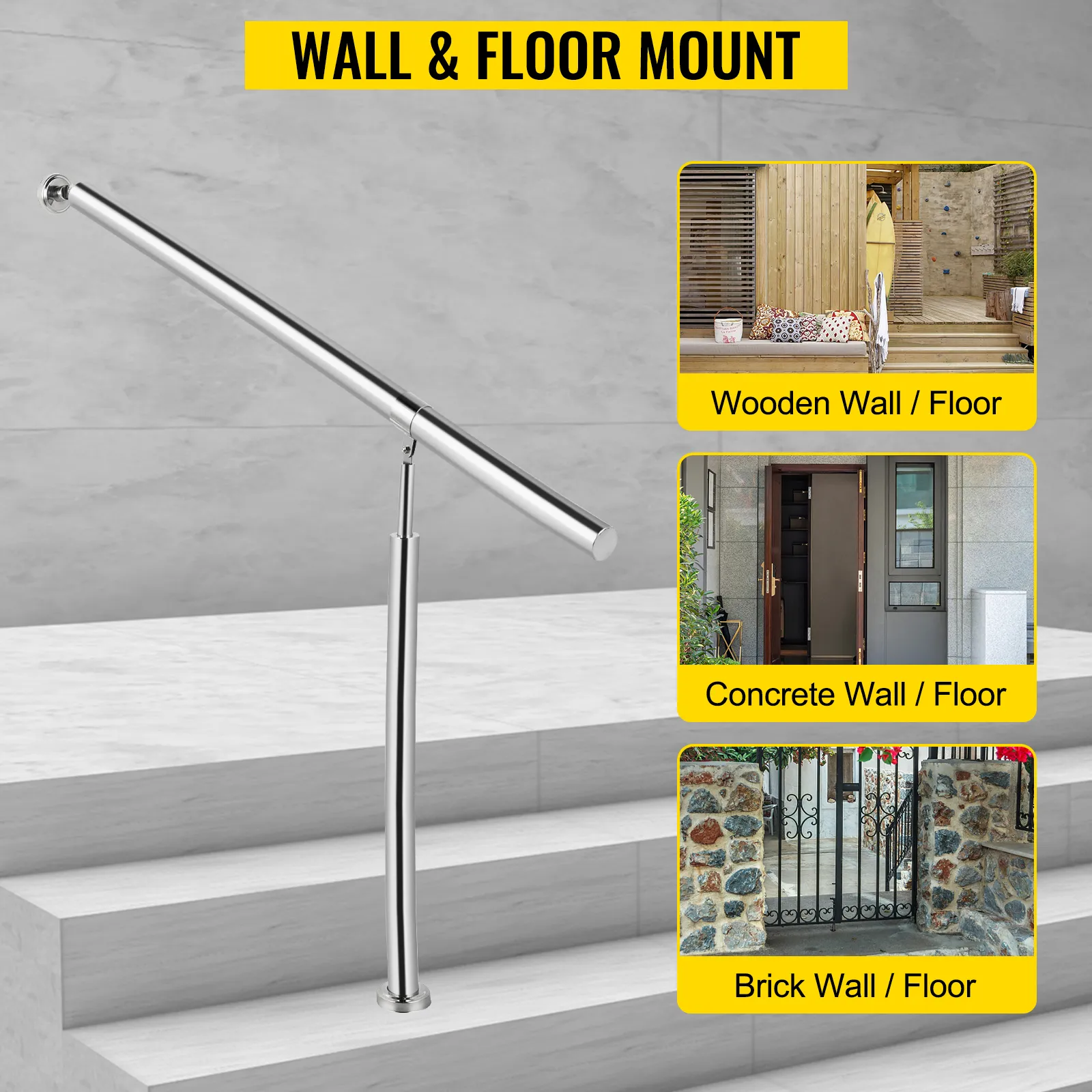 VEVOR stainless steel step handrail for wall and floor mount on various surfaces.